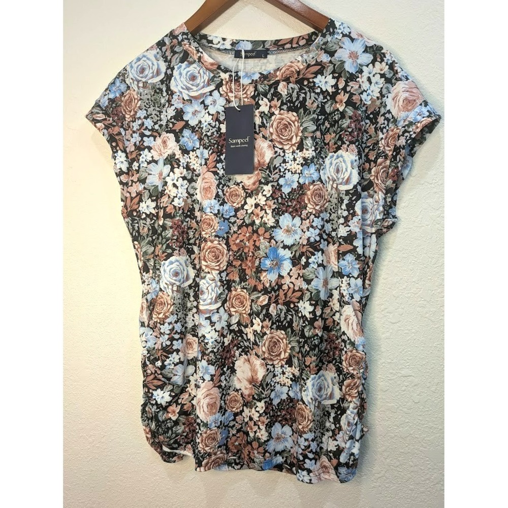 NEW Sampeel Women Floral Multicolor Top Size L Round Neck‎ Rouching Cap Sleeve
